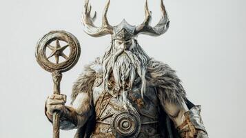 Njord the Scandinavian god of the sea and wind showcasing his majestic figure adorned with nature inspired details against a plain background. photo