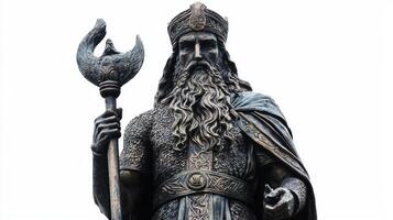 Njord the Scandinavian god of the sea and wealth stands resolutely holding his staff showcasing his powerful presence against a pure white background. photo