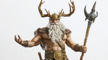 striking depiction Njord Scandinavian god associated with sea and wind characterized majestic antlers and staff exuding strength and divine power isolated on white background. photo