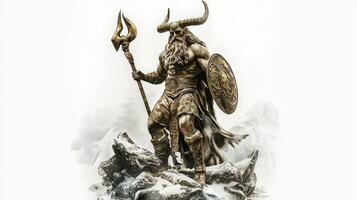 striking representation of Njord the deity revered in Norse mythology stands confidently with his trident and shield embodying the elements of sea and wind. photo