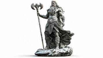 Scandinavian god Njord stands tall with a fierce expression holding his axe and staff embodying strength and maritime power against a stark white backdrop. photo