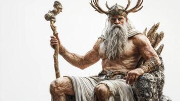 Scandinavian god Njord depicted with long hair and majestic beard seated on rocky throne holding staff embodying his dominion over the sea and winds. photo