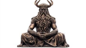 Njord revered Scandinavian god of sea and winds is portrayed with a flowing beard and distinctive horns emphasizing his mythical qualities against a clean backdrop. photo