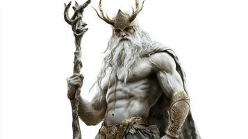 Njord the Scandinavian god is depicted with intricate details showcasing his muscular physique crown of antlers and a staff embodying sea and wind imagery. photo