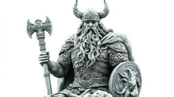 depiction of Njord highlights the Scandinavian gods connection to the sea and wind. The figure features detailed armor an axe and a shield reflecting his divine strength. photo