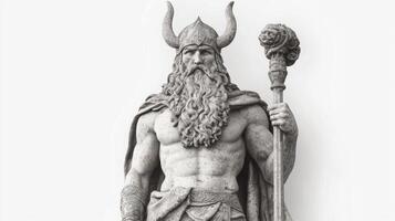 Norse god Njord associated with the sea and riches stands tall and regal showcasing intricate details in a realistic sculpture highlighting his powerful presence. photo
