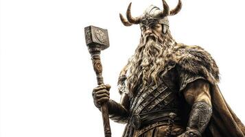 depiction of Odin showcases his strong and commanding presence complete with intricate armor and a legendary hammer. The character conveys the essence of Scandinavian mythology. photo