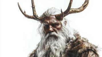 image presents Njord powerful Scandinavian god associated with the sea and wind depicted with regal antlers and a flowing beard embodying a mythical presence. photo