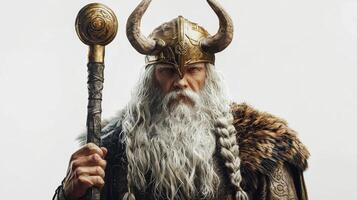 artwork features Odin revered Scandinavian god depicted with ornate helmet long flowing beard and a majestic staff conveying strength and wisdom in timeless manner. photo