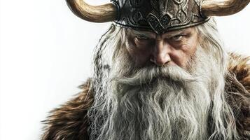 artwork features Odin the revered Scandinavian god showcasing his long white beard horned helmet and intense gaze embodying strength and wisdom. photo