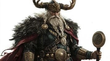 Odin stands majestically adorned intricate armor featuring horns and flowing cloak holding a ceremonial staff embodying the power of Norse deity in a captivating stance. photo