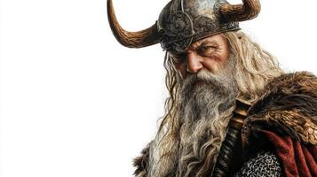 Odin chief god in Scandinavian mythology is depicted with long flowing hair and a majestic horned helmet embodying strength and wisdom. photo