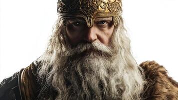 Odin embodying strength and wisdom wears an intricately designed crown and has a long white beard. He exudes a powerful presence representing Norse mythology. photo