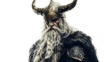 striking representation of Odin the Scandinavian god exhibiting elaborate armor and a flowing beard capturing the essence of Nordic mythology in a captivating manner. photo