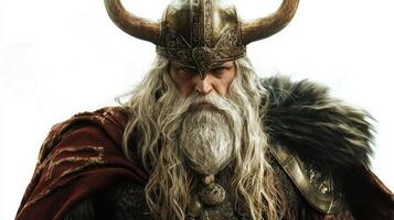 powerful representation Odin the chief god in Norse mythology showcasing his majestic features long beard and iconic horned helmet emphasizing his strength and wisdom. photo