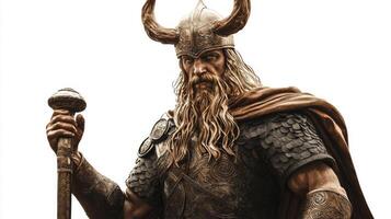 Norse god Odin stands tall showcasing his impressive horns intricate armor and fierce gaze embodying strength and wisdom in timeless portrayal against plain backdrop. photo