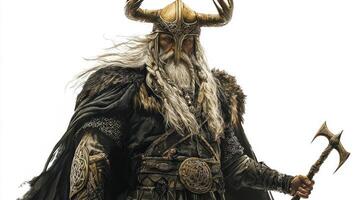 Odin chief god of the Norse pantheon is depicted with majestic horns a long beard and a commanding presence. His detailed armor emphasizes his strength and wisdom. photo