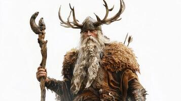 Scandinavian god Ran is depicted with a weathered appearance adorned in fur and antlers. He holds a staff embodying ancient Norse mythology and power. photo