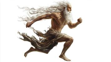 powerful figure of Scandinavian god Ran is depicted in mid run showcasing his muscular form and flowing hair. This artwork emphasizes his mythical strength and swift movement. photo