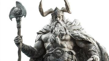 Scandinavian god Ran is depicted with a majestic presence wielding an axe and adorned with elaborate armor. His powerful physique and intricate details capture ancient mythology. photo