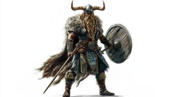 representation of Sif the Scandinavian goddess of fertility and harvest highlights her strength and grace adorned in traditional attire and equipped for battle. photo