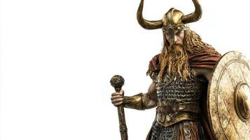 Norse goddess Sif is depicted with long hair and intricate armor holding a staff and shield photo
