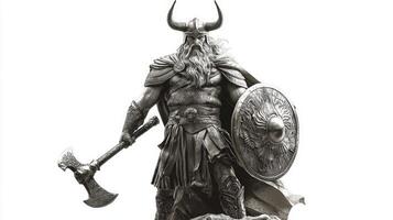striking portrayal Scandinavian god Sif stands confidently equipped with a shield and axe highlighting strength and valor set against a pristine white background. photo