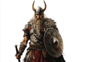 Sif the powerful Scandinavian goddess stands boldly with her sword and shield showcasing her warrior spirit in a dynamic and lifelike representation. photo