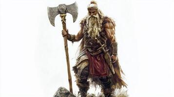 Sif stands tall with a fierce expression wielding a massive axe and a staff embodying strength and wisdom. This depiction highlights his warrior essence and divine stature. photo