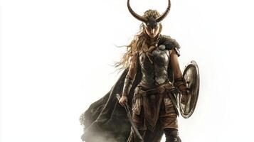 Scandinavian goddess Sif is depicted in detailed armor showcasing her strength and warrior spirit while standing poised against a white backdrop. photo