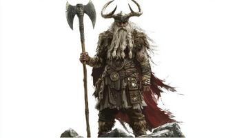 Sif Scandinavian god in striking detail showcasing his warrior stance powerful presence and iconic axe amidst a plain backdrop. photo