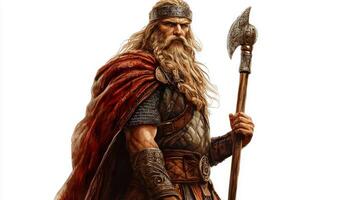 artwork showcases the Scandinavian god Sif in a striking pose wielding an axe. The character is adorned in traditional armor and exudes a powerful presence. photo