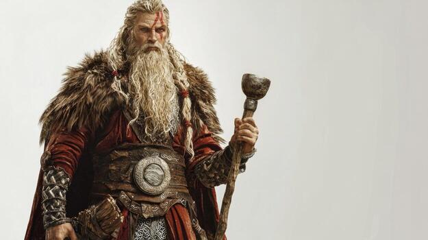 Scandinavian god Sif depicted with long hair and beastly cloak holding a staff and exuding an aura of strength and power in a minimalist setting. photo