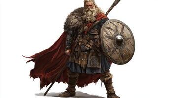 powerful Scandinavian goddess Sif stands confidently adorned in detailed armor and a red cloak holding a shield and spear embodying strength and valor. photo