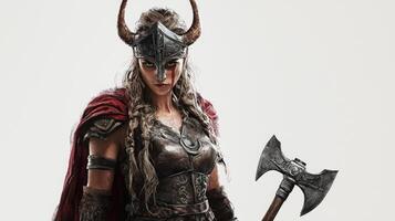 Scandinavian goddess Sif stands proudly adorned in intricate armor with a fierce expression. She wields a battle axe embodying strength and fertility set against a clean white background. photo