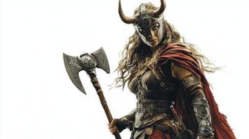artwork features Sif a powerful Scandinavian goddess showcasing her armor axe and striking presence embodying strength and mythology in a captivating composition. photo