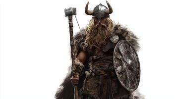 fierce portrayal of Sif a Scandinavian goddess equipped with a hammer and adorned in traditional armor. She embodies strength and valor in this striking visual. photo