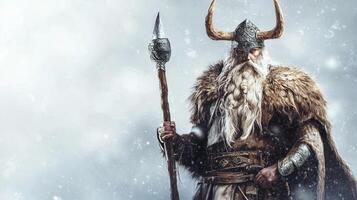 Sif stands confidently adorned in warrior attire highlighting her golden hair and fierce demeanor. The snowy backdrop enhances her divine presence and strength. photo