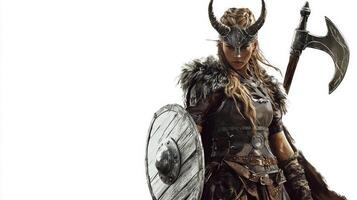 Sif embodies strength and resilience adorned in warrior attire with her signature shield and axe representing fertility and the harvest in Scandinavian mythology. photo