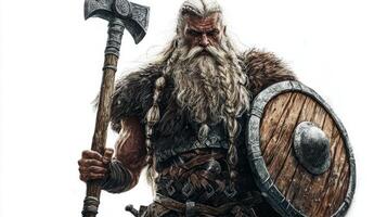 Sif prominent figure among Scandinavian gods depicted with realistic features embodying power and grace as she stands holding a shield and axe. photo