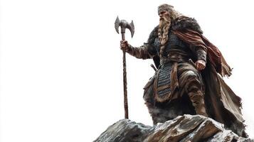Scandinavian god Sif commands attention as she stands tall on a rocky ledge dressed in traditional attire symbolizing strength and valor in Norse mythology. photo
