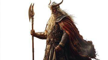 Sif the Scandinavian goddess is depicted beautifully adorned in elaborate armor with a flowing cloak gripping her ornate spear while exuding power and grace. photo