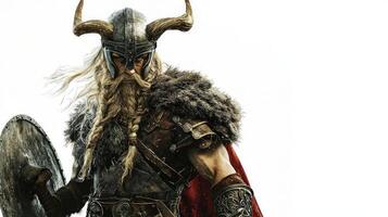 depiction showcases Sif as powerful Scandinavian goddess adorned in ornate armor and Viking helmet embodying strength and fertility against a pure white background. photo