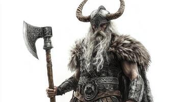 depiction features Sif a Scandinavian deity depicted in an intricate armor set with a flowing beard holding an imposing axe while standing alone. photo