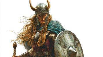Scandinavian goddess Sif stands confidently adorned with intricate armor and a shield her long hair flowing embodying strength and grace. photo