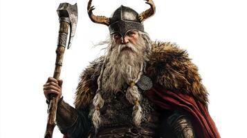 Scandinavian god Sif stands in heroic pose adorned with intricate armor and a fur cloak holding a mighty axe embodying courage and divine strength. photo