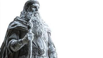 figure of Skadi stands majestically capturing the essence of Scandinavian mythology with detailed attire and a commanding presence set against a stark white background. photo