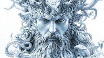 Scandinavian god Skadi is depicted with striking features and ornate details embodying the spirit of winter and hunting in a captivating isolated setting. photo