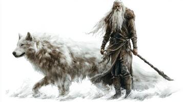 powerful figure of Skadi Scandinavian goddess of winter exudes strength she stands beside majestic wolf on stark white backdrop showcasing her fierce companionship and grace. photo