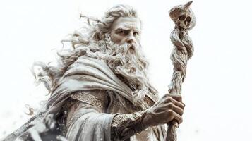 Skadi the Scandinavian goddess of winter and hunting stands confidently with a staff adorned with a skull exuding strength and determination photo